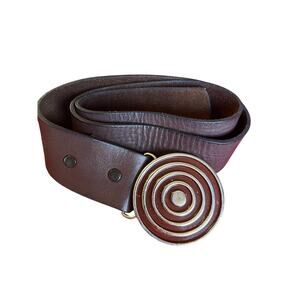 Vintage brown soft leather belt brass tone metal bulls eye target buckle Small